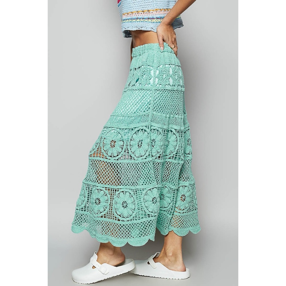 POL Teal Crochet Midi Skirt | Elastic Waist Pull On Flowy - Picture 4 of 9